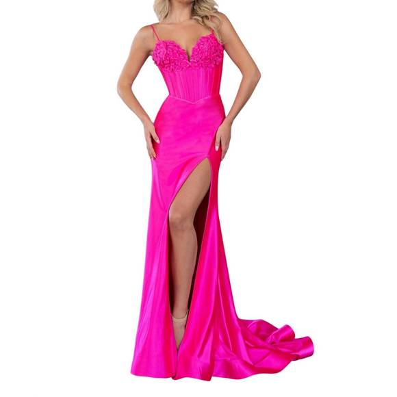 NEW RACHEL ALLAN luxurious v-neck fitted prom dress in hot pink -  www.greenwatershopping.com